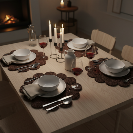 Rund bordbrikke i mørk brun siv med blomstermønster på valnøttbord, stoneware-tallerken med brød og ost til frokost

