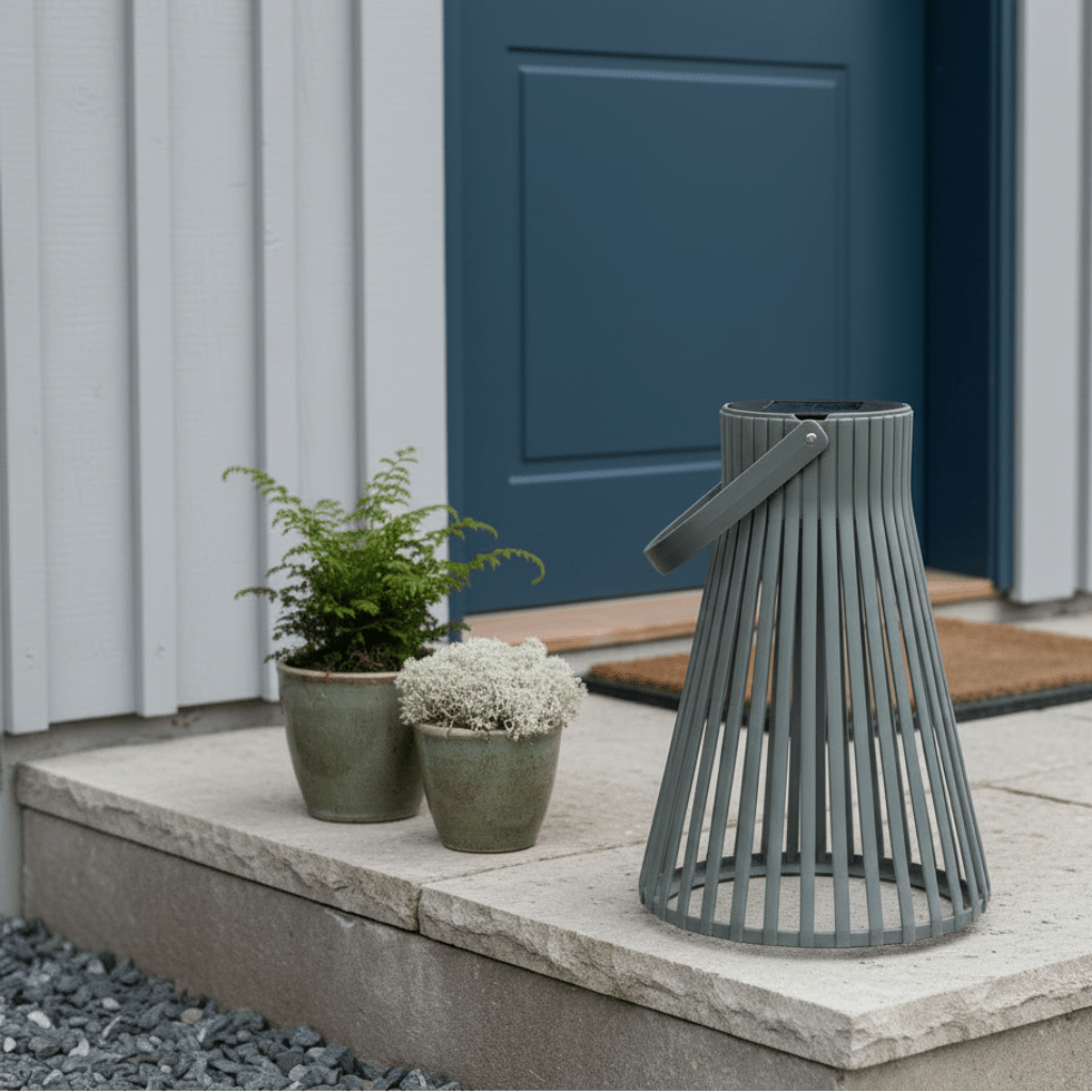 Grønn solarlykt plassert ved et moderne inngangsparti med svart ytterdør, grå vegg og grønne planter i potter. - Lindas dekor 