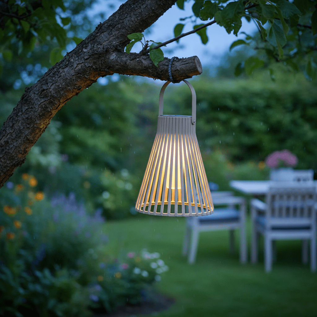 Beige solarlykt i metall med åpent mønster til terrasse