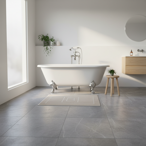 Nærbilde av Halvor Bakke badematte med diskret monogram