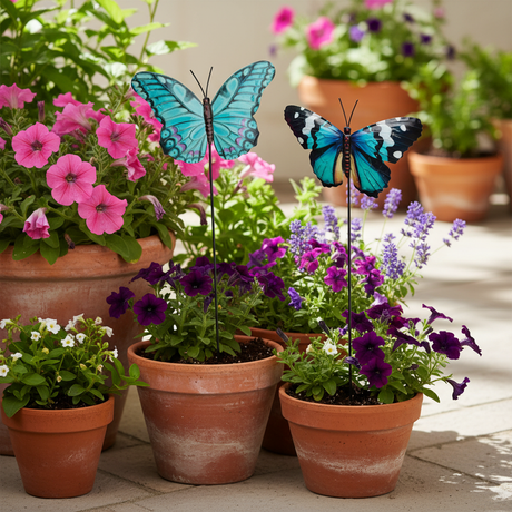 Dekorative sommerfugler på pinne til blomsterbed og krukker