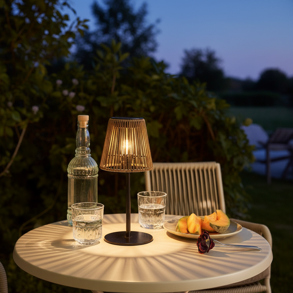 Salford bordslampa med solcelle i brun polyrattan och svart fot