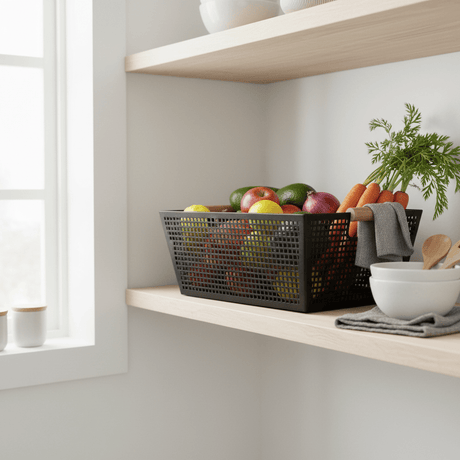 Oppbevaringskurv med håndtak i sort metall og tre 38 x 26 x 14 cm - Lindas Dekor Oppbevaringskurv