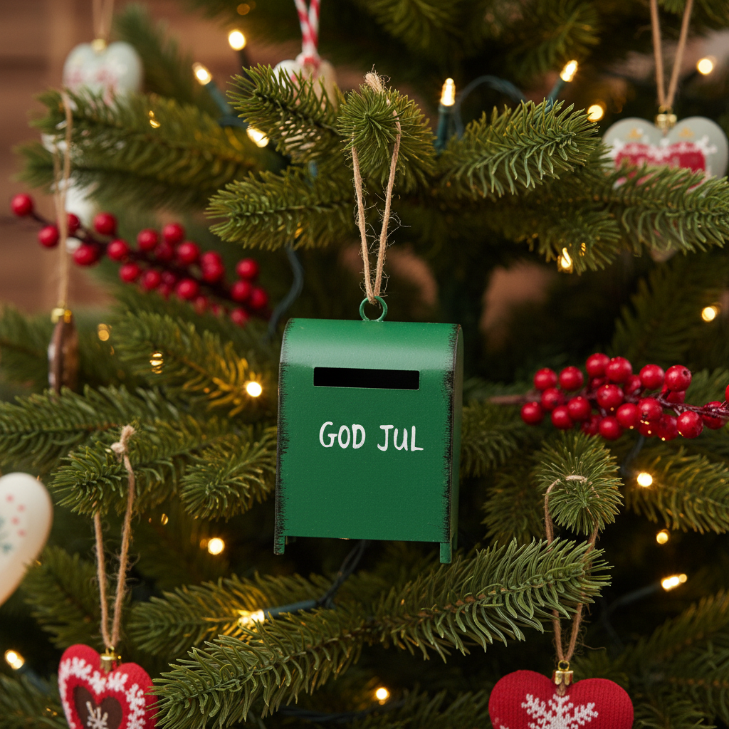 Julepynt med grøn postkasse og hvid tekst til klassisk julestemning