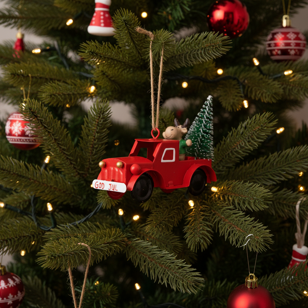 Röd metallbil med ett God Jul-skylt som nostalgisk trädpynt