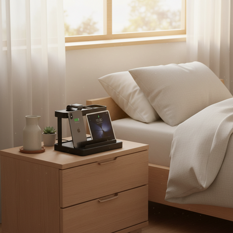 Organiseringsstativ til enheter i sort med kabelåpning og oppbevaringsbrett