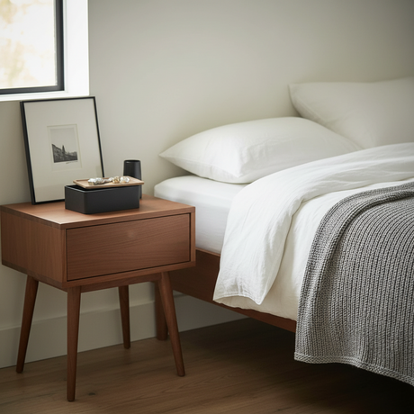 Nærbilde av treverket i lokket og overflaten på boksen