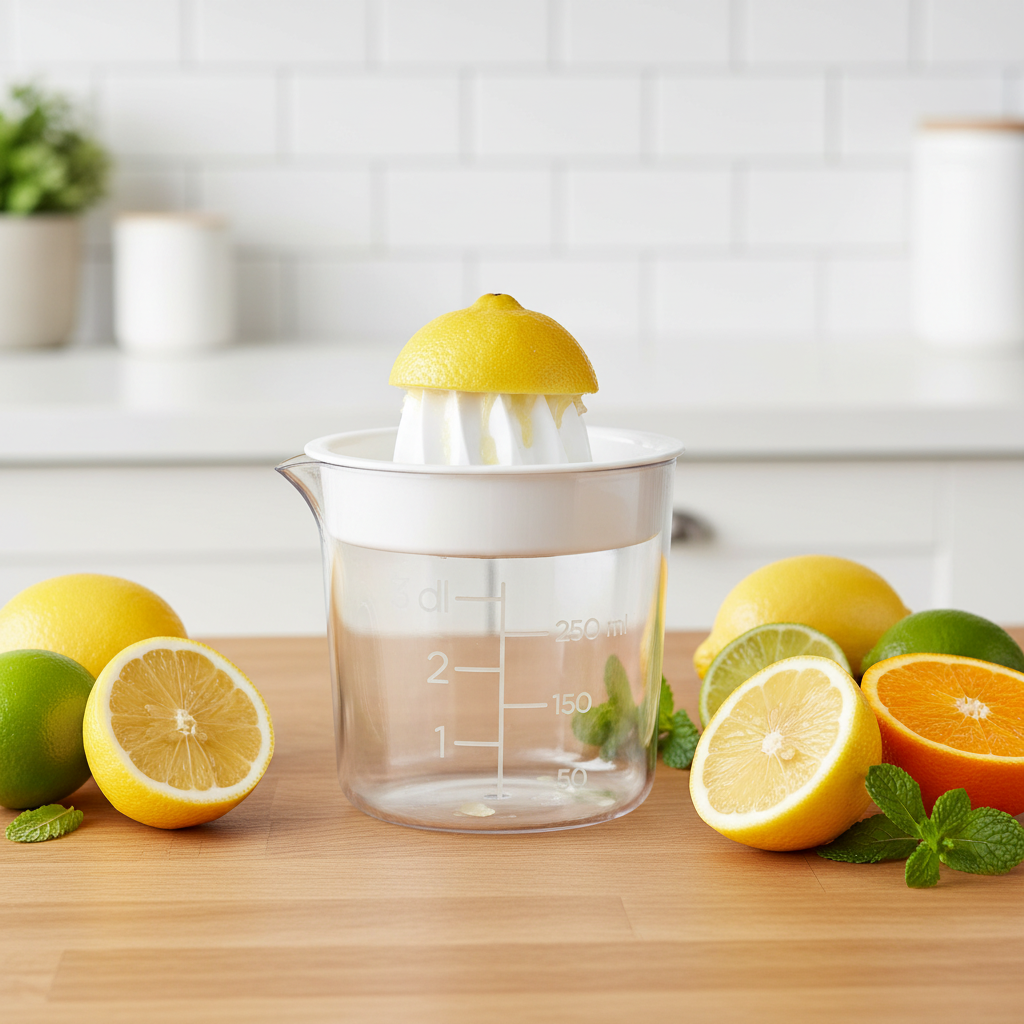 Praktisk sitruspresse med spiralformet pressetopp og oppsamlingsbeholder