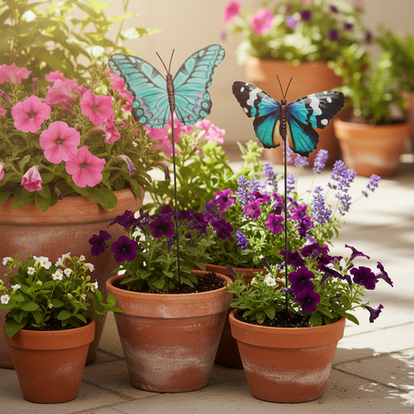 Hagedekor som stikkes ned i jord mellom blomster og planter