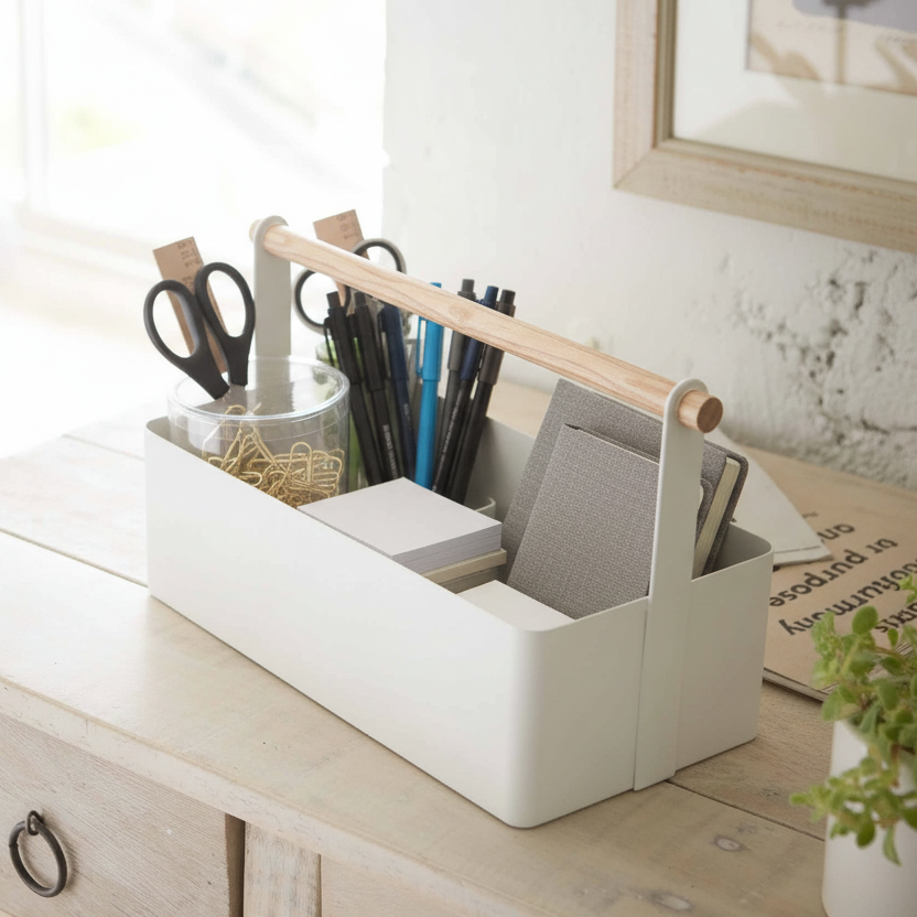 hvit oppbevaringsboks med trehåndtak til organisering av småting