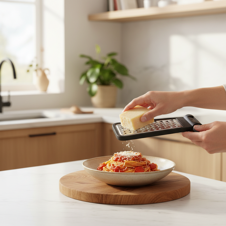 Mini rivjern med middels grov riveflate og transparent beholder