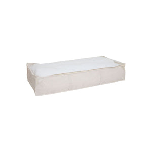 Beige oppbevaringsboks under seng, 100 x 45 cm, med transparent vindu på toppen.