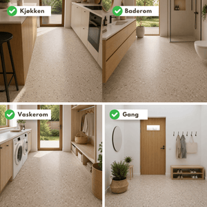Eksempler på Sahara beige selvklebende fliser brukt på kjøkken, bad, vaskerom og i gang. - Lindas dekor 