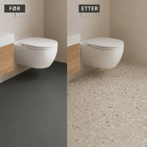 Før- og etterbilde av baderom med mørkt gulv som er fornyet med Sahara beige selvklebende terrazzo-fliser. - Lindas dekor 