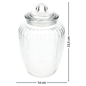 Gjennomsiktig, riflet glasskrukke med lokk, vist på hvit bakgrunn med mål: 23,5 cm høy og 14 cm bred.