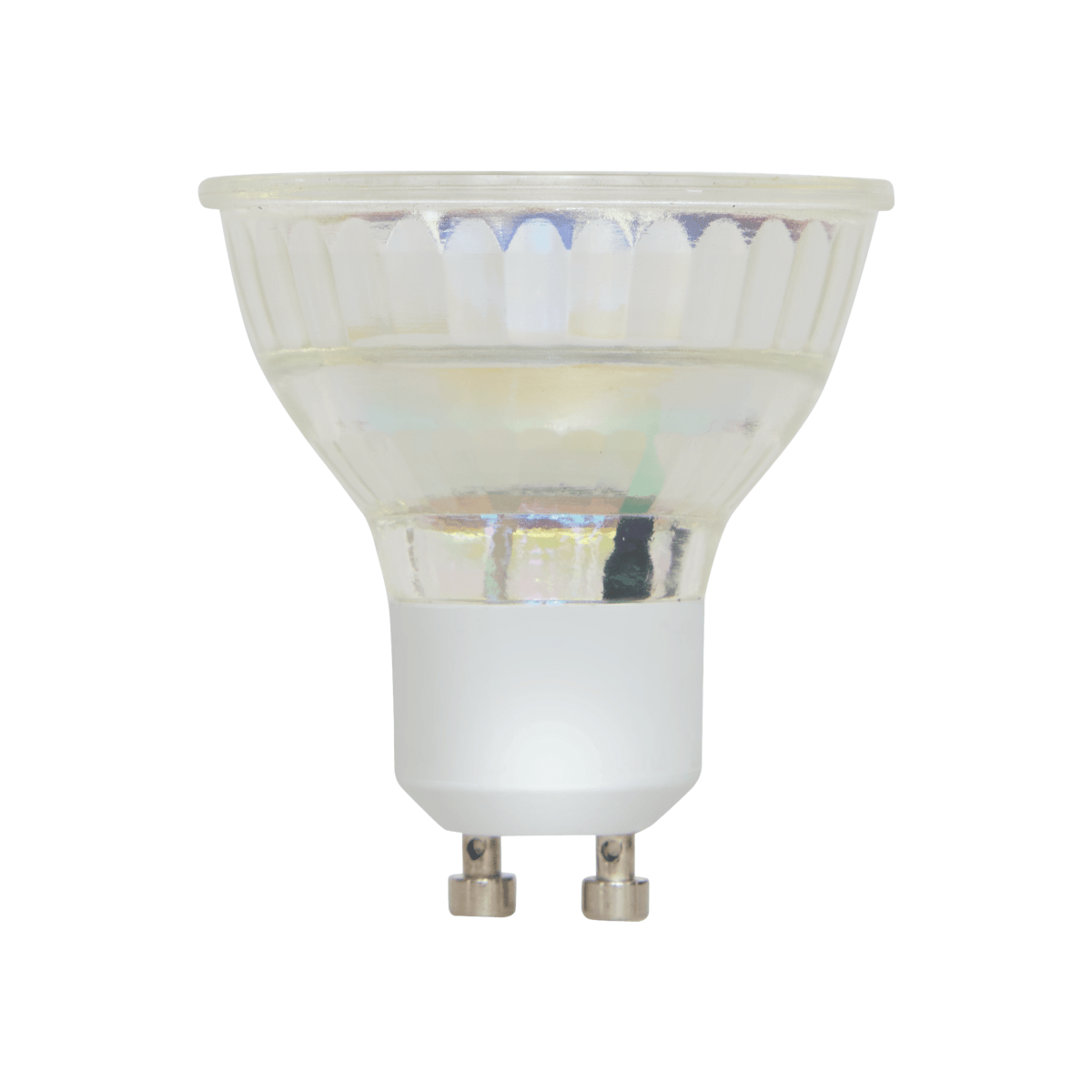 GU10 LED-pære 4,5 W med varmvit ljus, klart glas och GU10-fäste, visas rakt framifrån