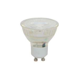 LED-pære GU10 4,5 W med varmvitt ljus och klart glas, vist på vit bakgrund