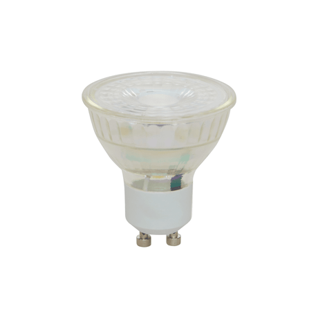LED pære GU10 4,5 W med varmhvitt lys og klart glass, vist på hvit bakgrunn