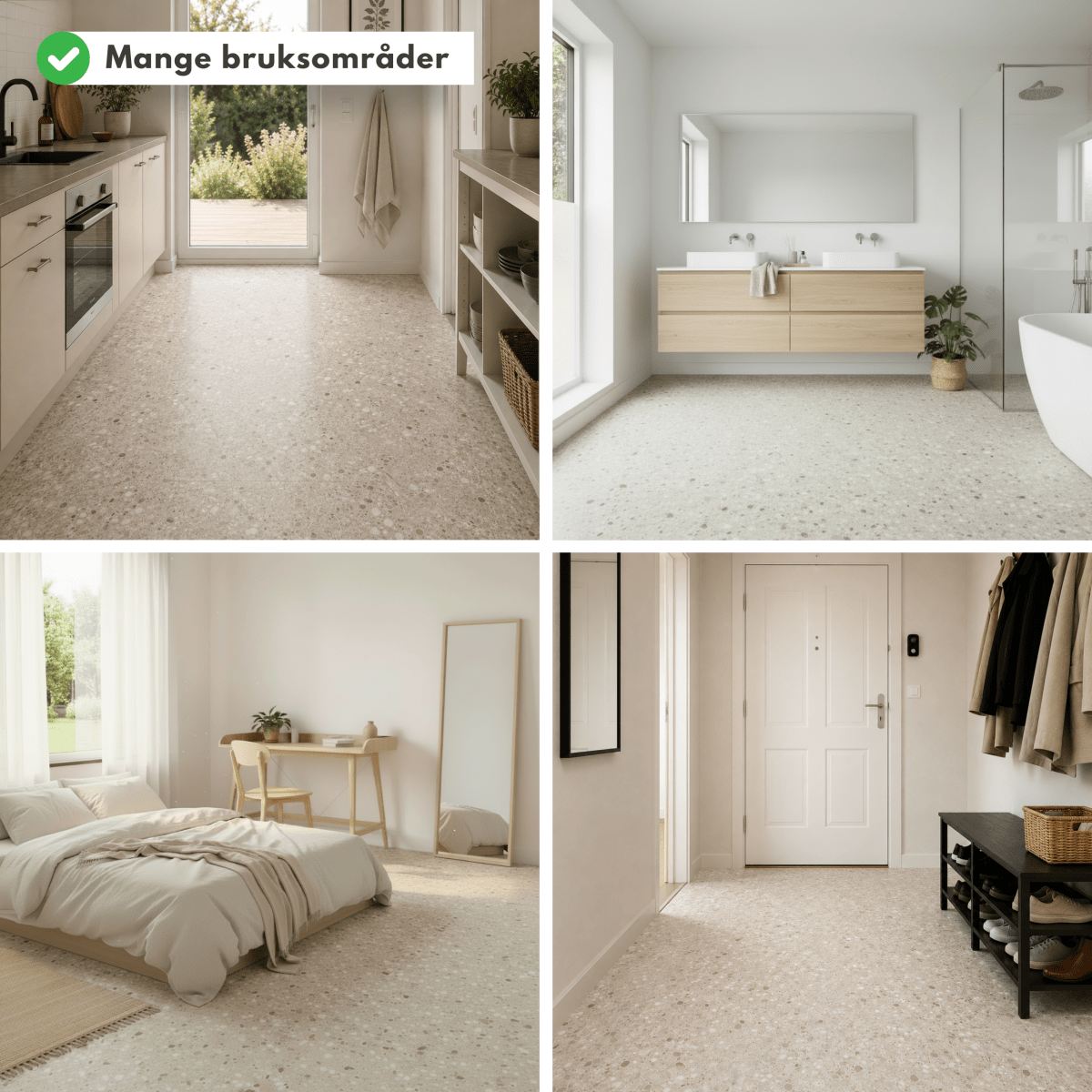 Sahara beige selvklebende fliser vist i flere lyse og moderne rom. - Lindas dekor 