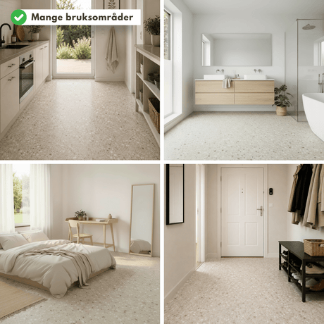 Sahara beige selvklebende fliser vist i flere lyse og moderne rom. - Lindas dekor 