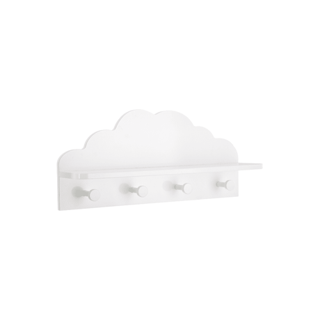 Hvit Cloud knaggrekke formet som en sky med hylle og fire knagger på hvit bakgrunn.