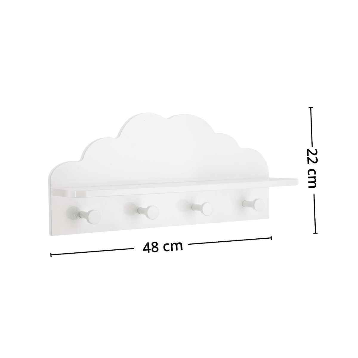 Hvit Cloud knaggrekke med fire knagger vist med mål 48 x 22 cm.