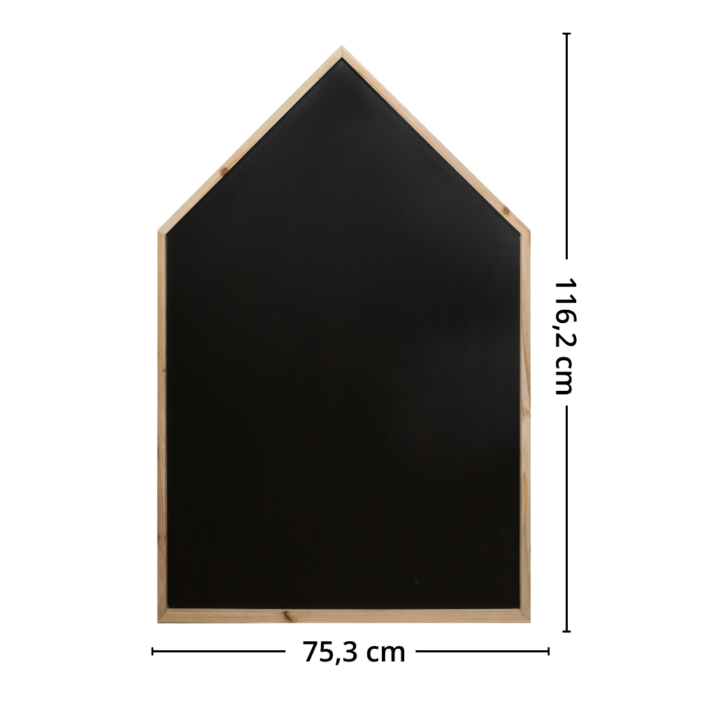 Husformet krittavle for barn med mål 75,3 x 116,2 cm og ramme i naturtre.