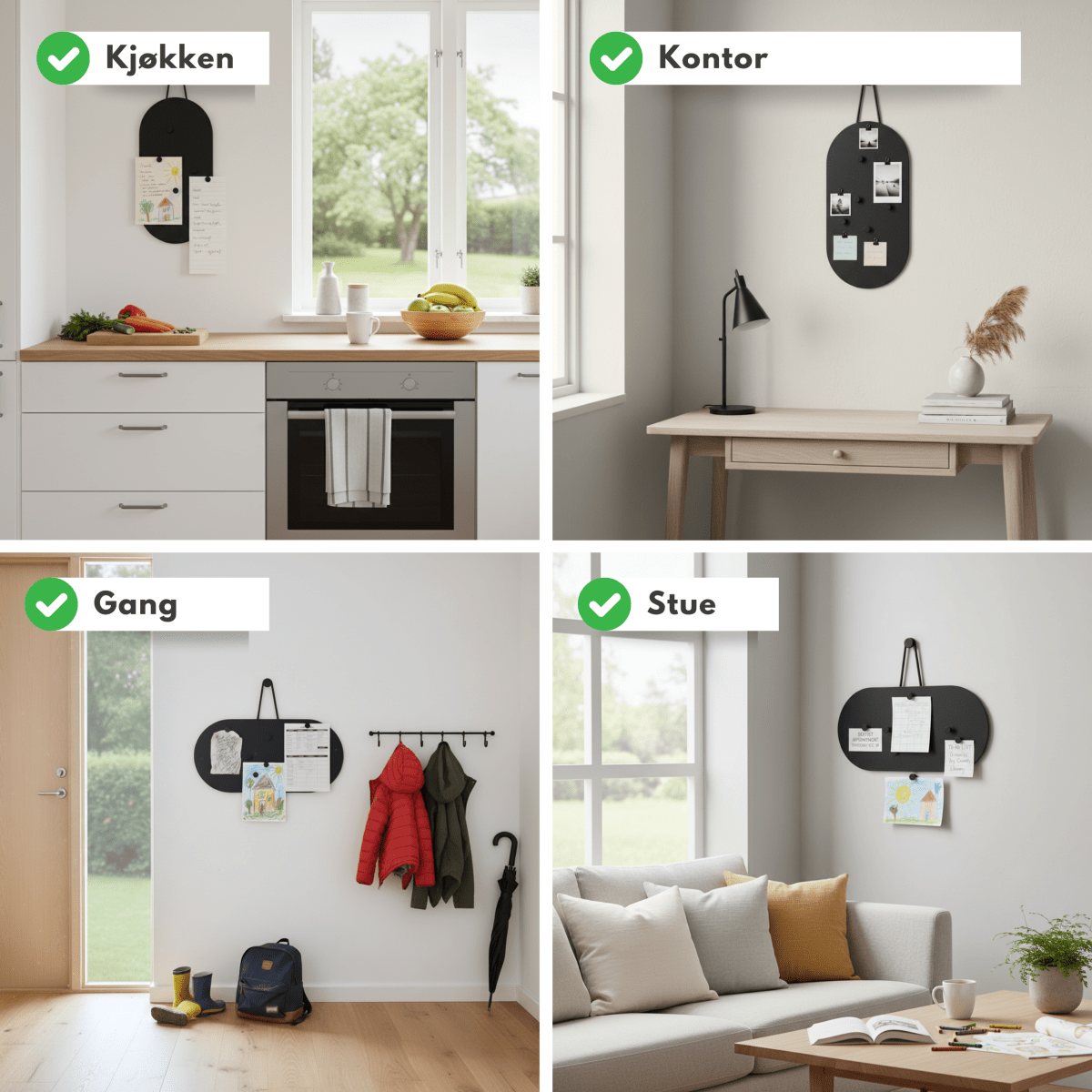 Kollasj som viser den sorte oppslagstavlen brukt til notater, bilder og tegninger i flere rom i hjemmet. - Lindas dekor 