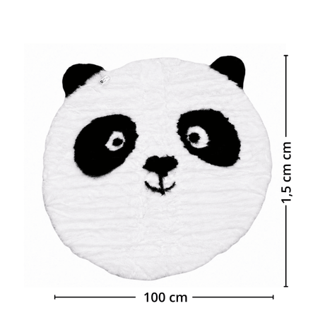 Rundt pandateppe i svart og hvitt med mål på 100 cm i diameter og cirka 1,5 cm høyde, formet som et pandaansikt med ører.