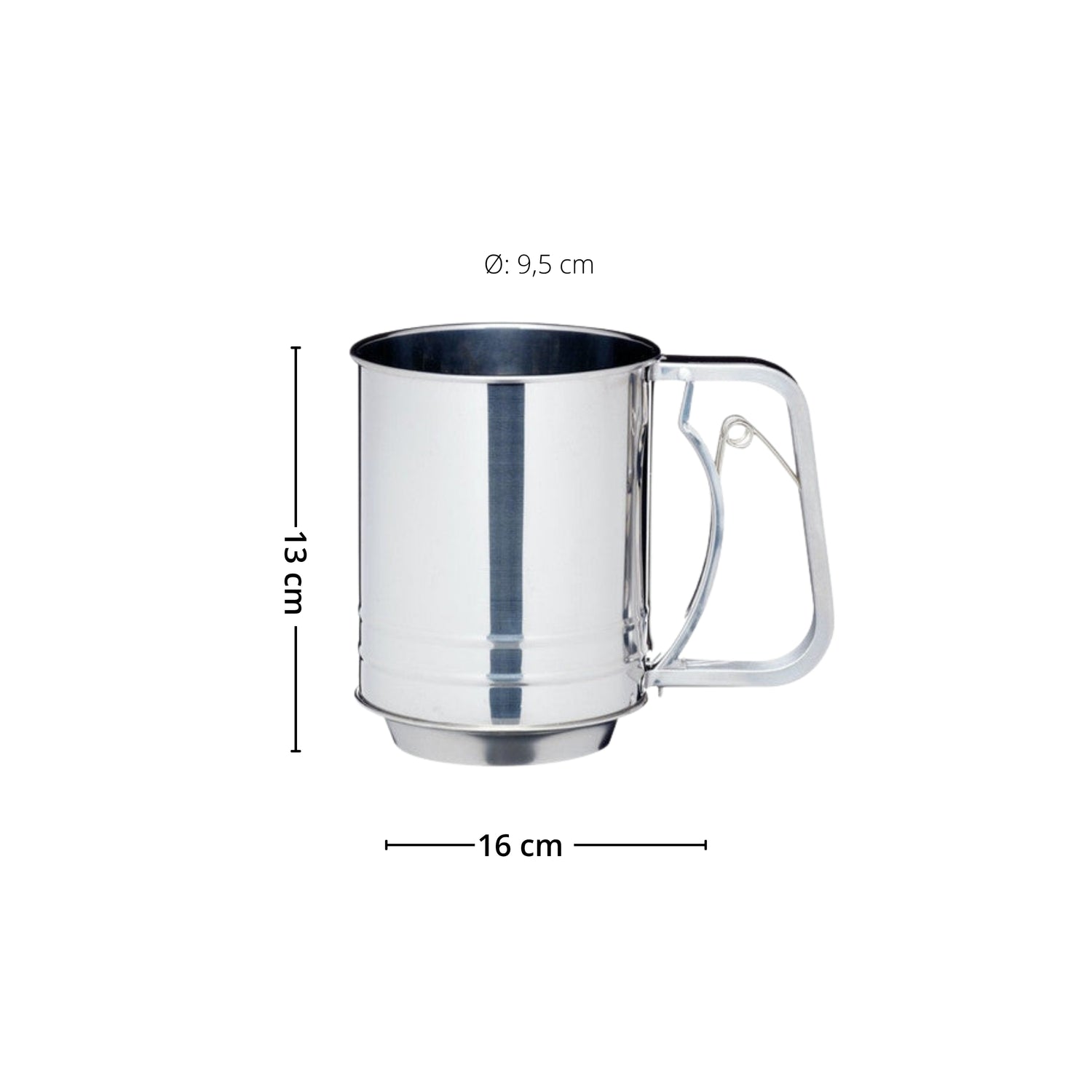 Melsikt i rustfritt stål med mål som viser høyde 13 cm og lengde 16 cm.