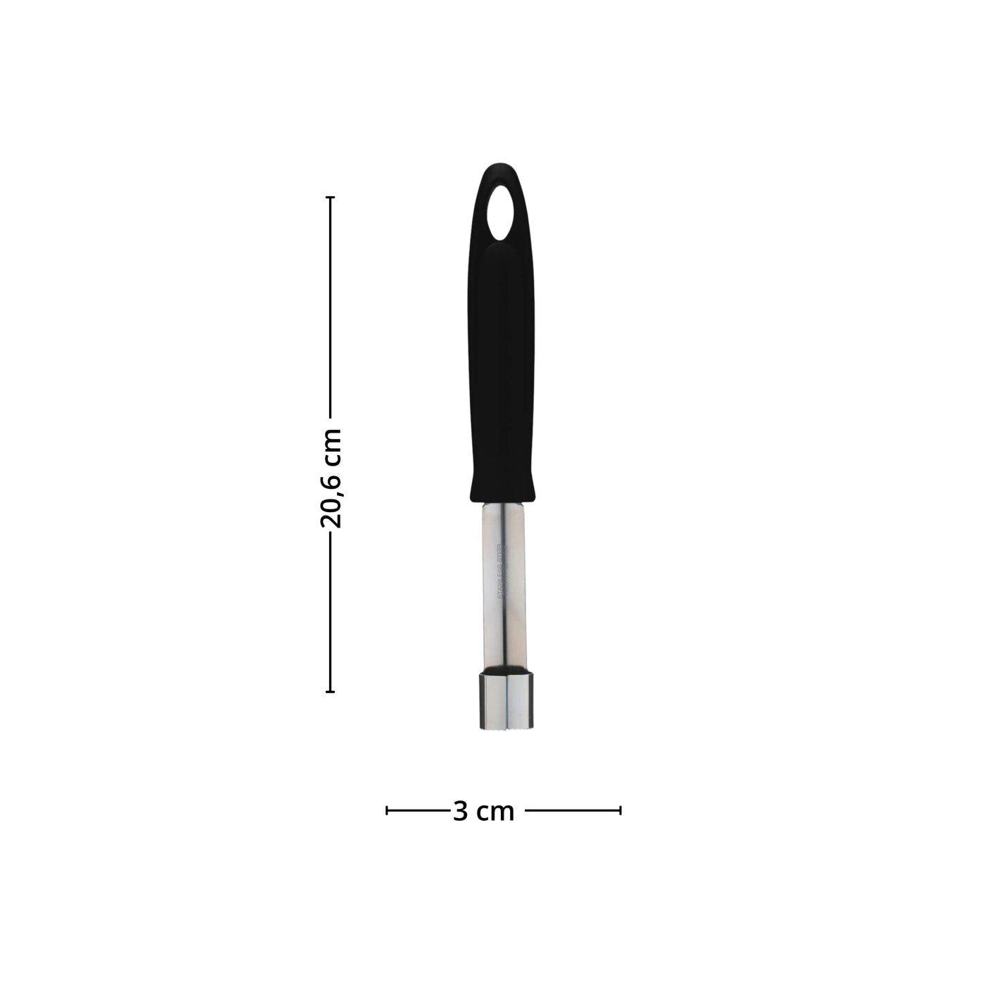 KitchenCraft epleskjærer i rustfritt stål med svart håndtak, vist på hvit bakgrunn med produktmål.