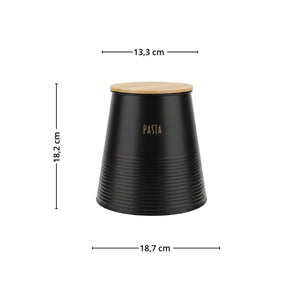 Sort pastaboks i metall med bambuslokk og målvisning som viser høyde 18,2 cm, toppbredde 13,3 cm og bunnbredde 18,7 cm. - Lindas dekor