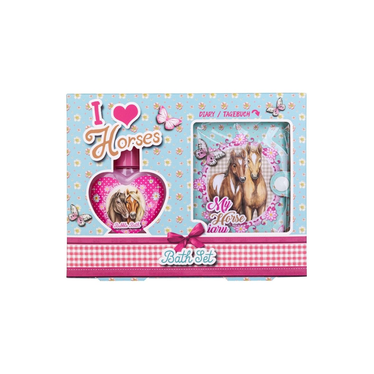 Gavesett med jordbærduft, badeskum 80 ml og notisbok i lyseblå og rosa gaveeske med hestemotiv, hjerter og teksten «I Love Horses».