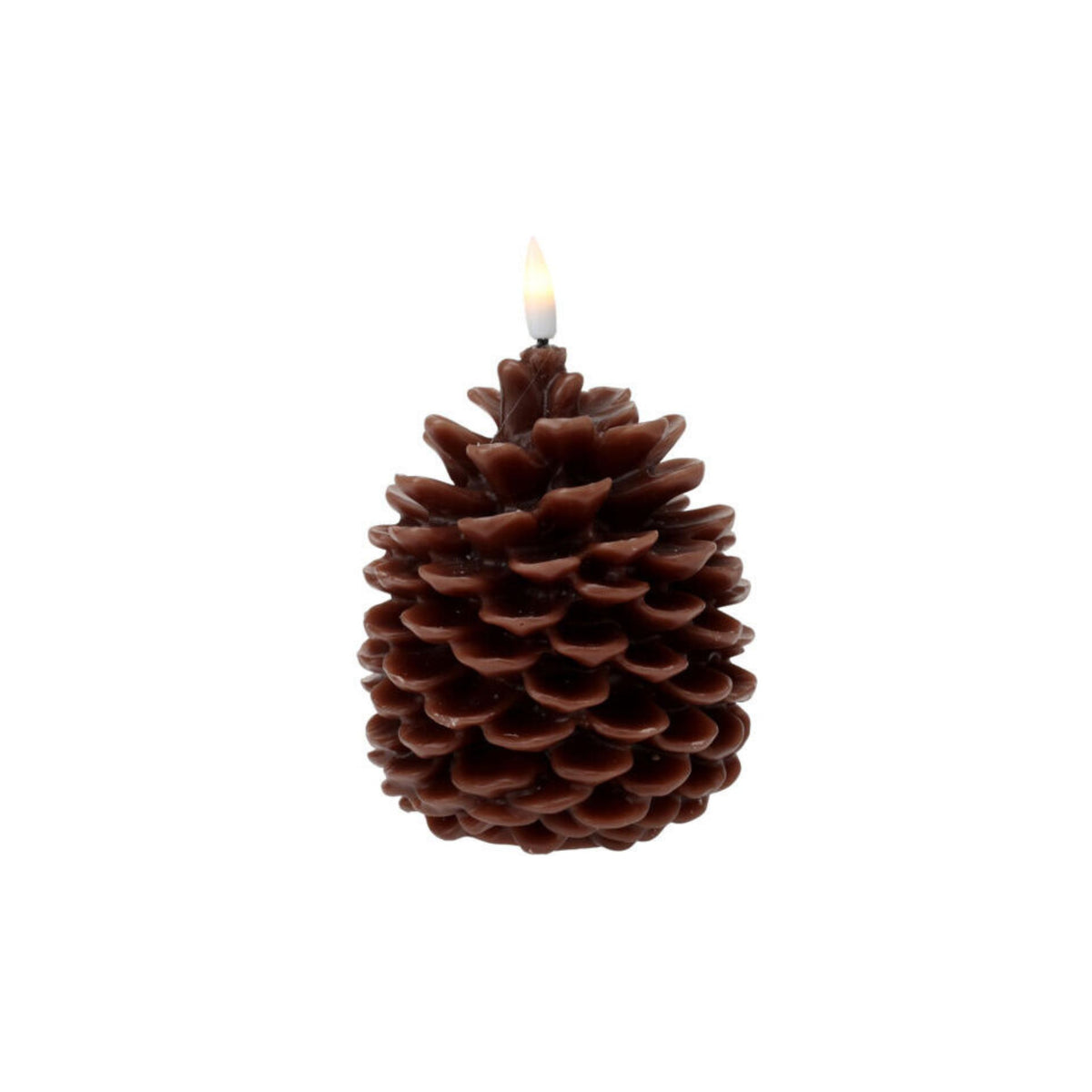 Brunt LED-lys formet som en kongle med detaljerte kongleskjell og lysende flamme på toppen, 13 cm høyt.