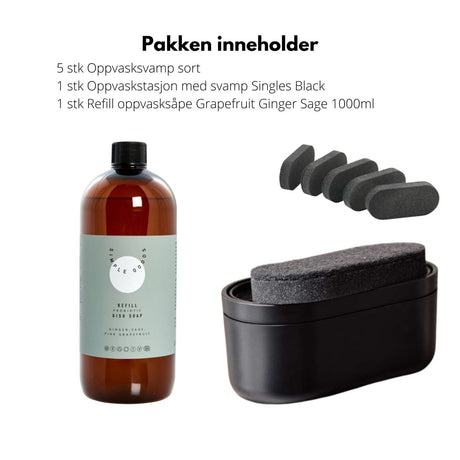 Komplett oppvaskpakke til kjøkkenbenk med svamper og såpe