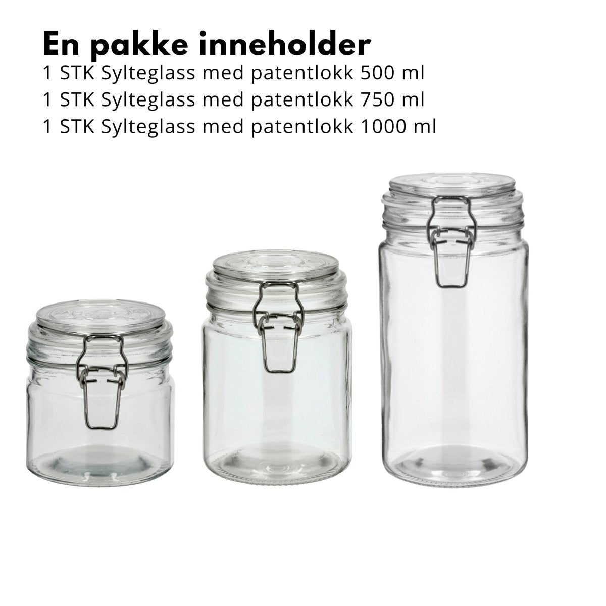 Funktion sylteglass sett med patentlokk i 500 ml, 750 ml og 1000 ml