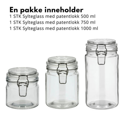Funktion sylteglass sett med patentlokk i 500 ml, 750 ml og 1000 ml