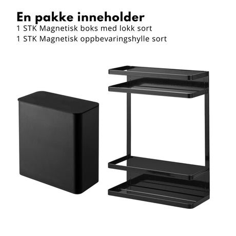 Magnetisk oppbevaringssett i sort med boks og hylle på vaskemaskin