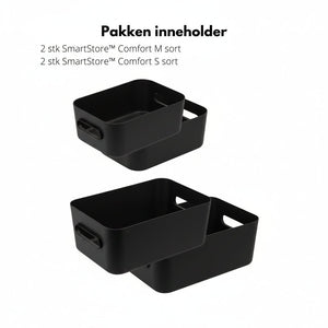 Praktiske sorte bokser med håndtak til skap, hyller og vaskerom