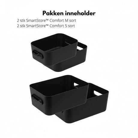 Praktiske sorte bokser med håndtak til skap, hyller og vaskerom