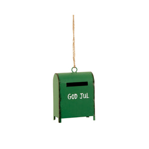 Grøn postkasse julepynt med hvid 'God Jul'-tekst