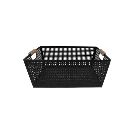Oppbevaringskurv med håndtak i sort metall og tre 38 x 26 x 14 cm - Lindas Dekor Oppbevaringskurv