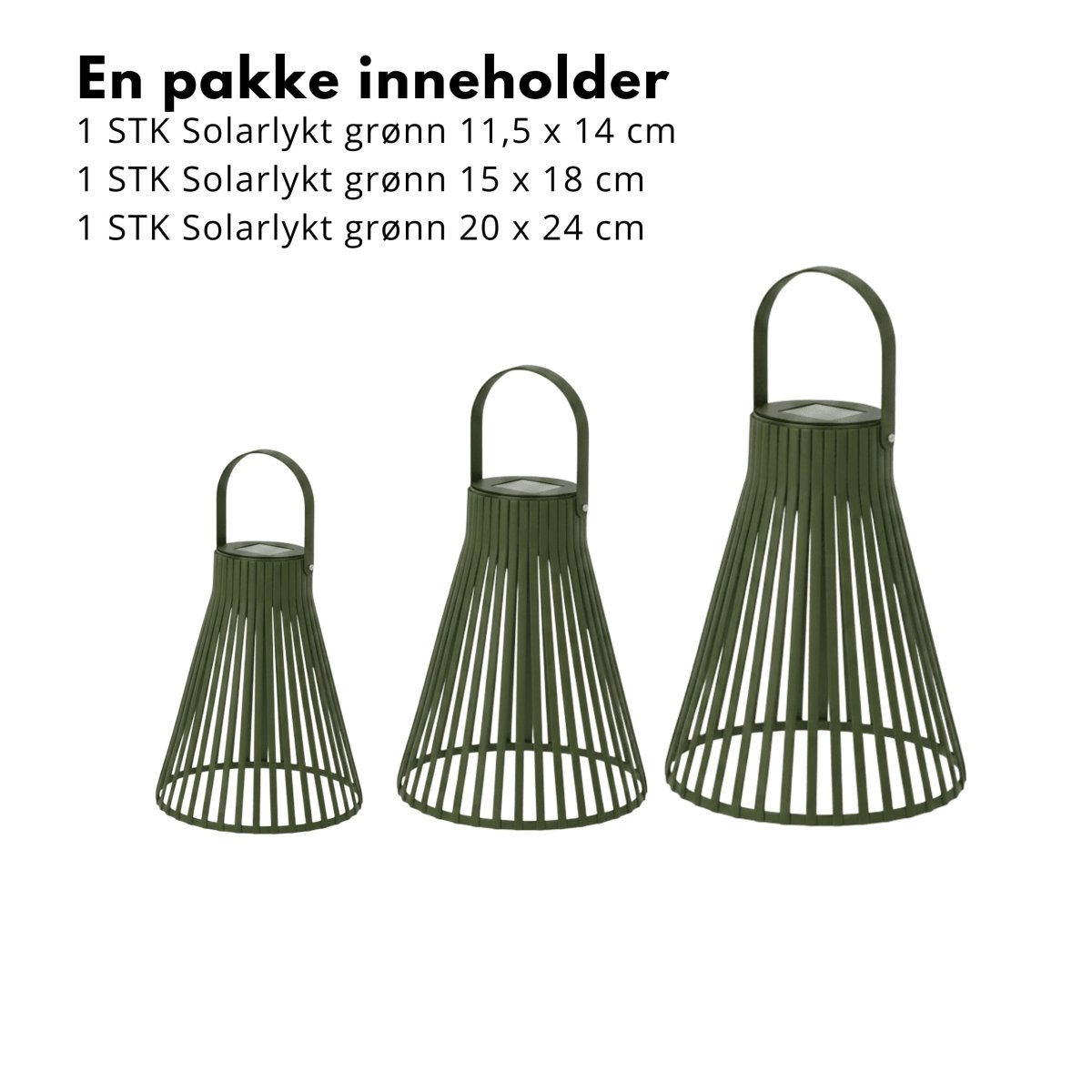 Sett med tre grønne solcellelykter med LED lys til terrasse