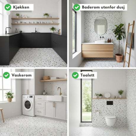 Inspirasjonsbilde med Sirocco Soft Terrazzo gulvfliser brukt i ulike rom i hjemmet. - Lindas dekor
