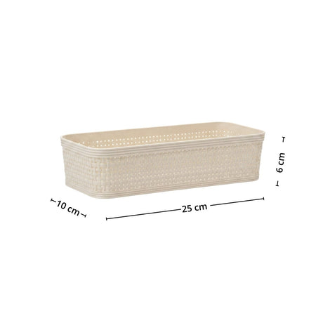 Medium sandfarget oppbevaringskurv med avlang form og mål på 25 x 10 x 6 cm. - Lindas dekor