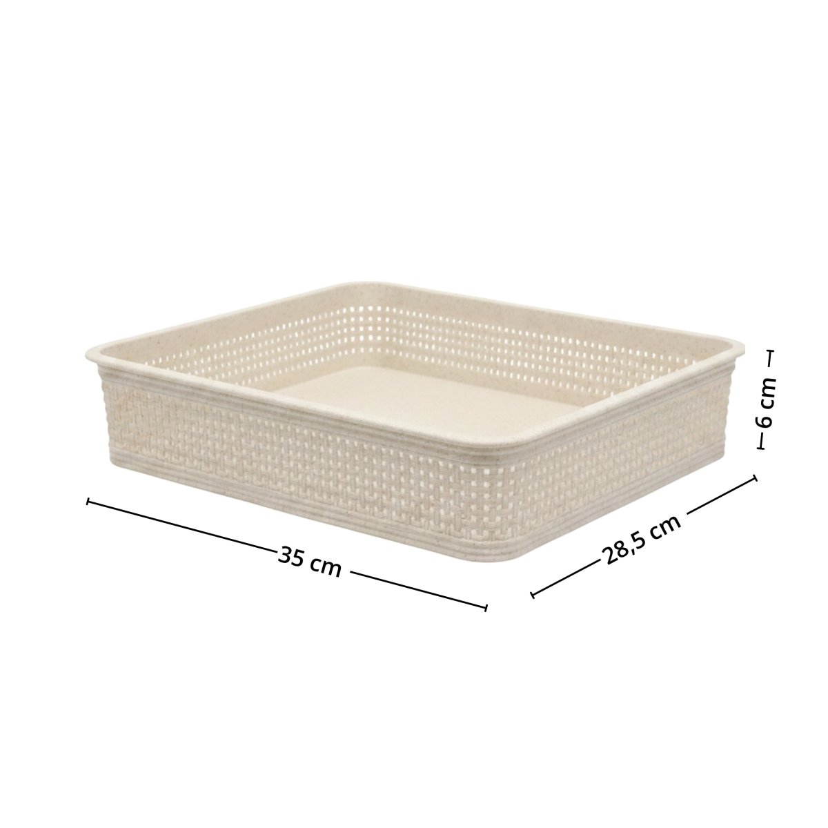 Stor sandfarget oppbevaringskurv med flettet struktur og mål på 35 x 28,5 x 6 cm. - Lindas dekor