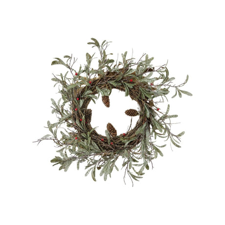 Krans med gröna blad, röda bär 45 cm – Lindas Dekorkrans