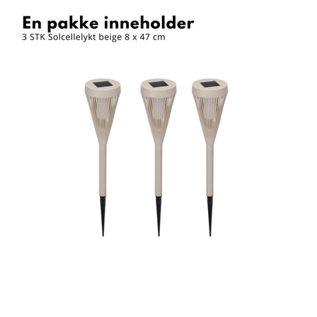 Beige solcellelykter med varmt lys i blomsterbed
