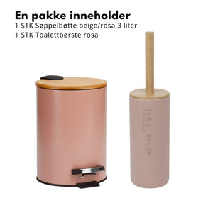 Pakken inneholder rosa pedalbøtte 3 liter og matchende toalettbørste med bambusdetaljer