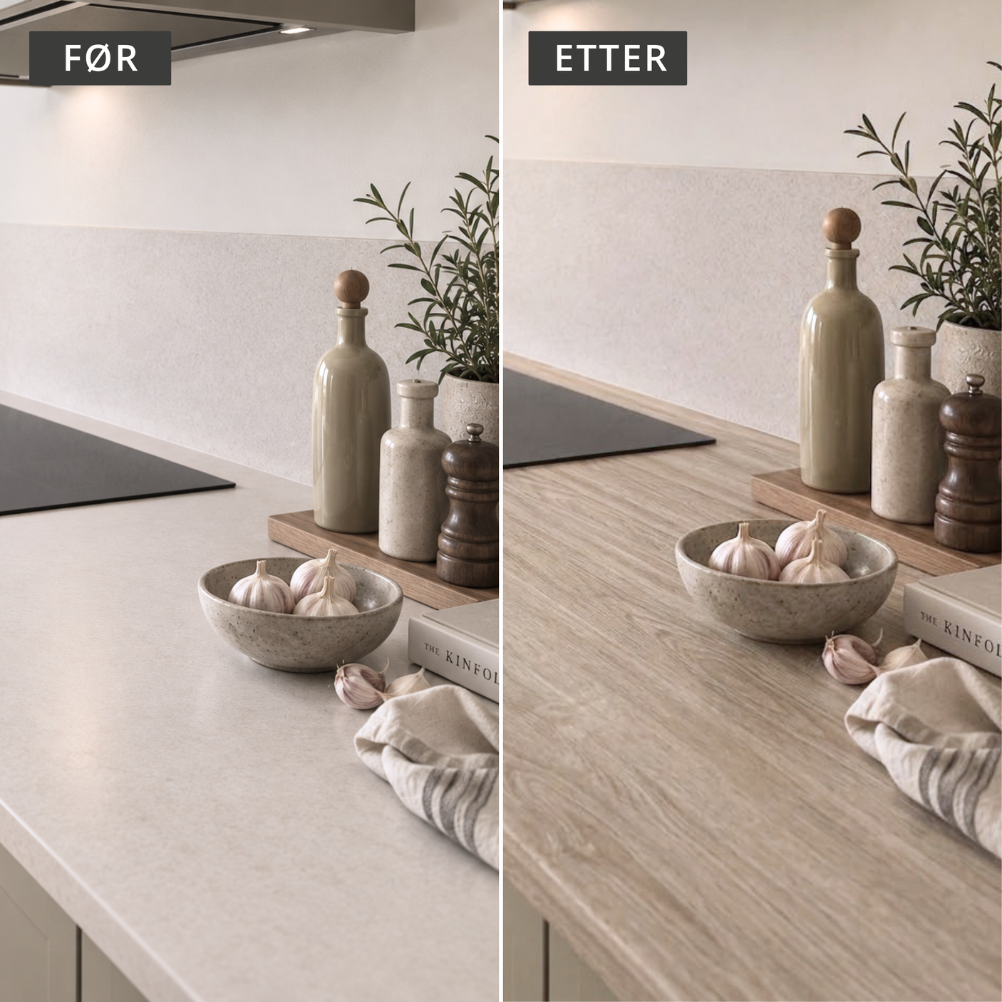 Før og etter: lys kjøkkenbenk fornyet med Blond Oak kontaktplast i lys eik